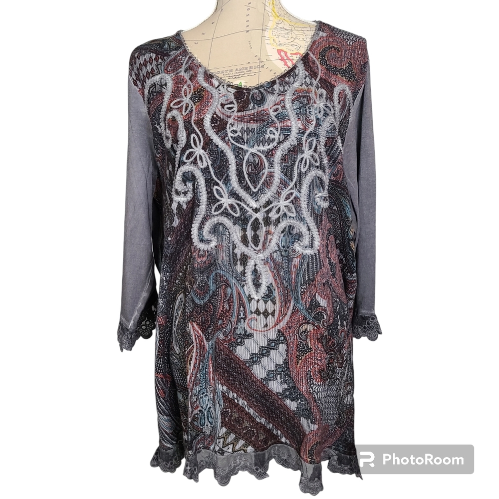 NWT Gretty Zueger Size 1X Gray Paisley Embroidery Waffle Knit Tunic Lagenlook